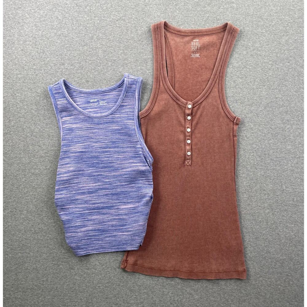 Aerie Tank Top Womens S Purple Orange Ribbed Knit Cotton Henley Ruched Lot of 2